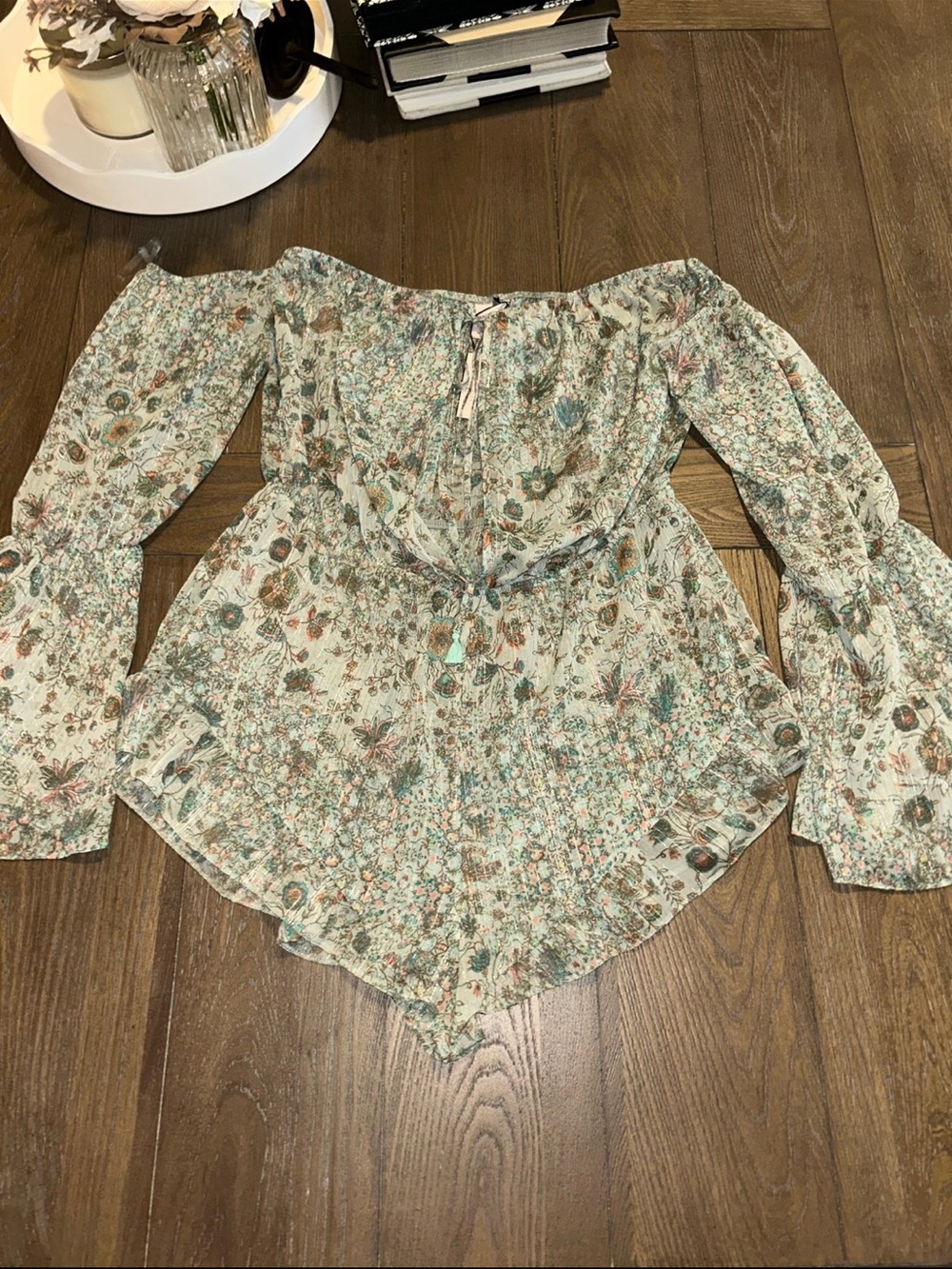 Victoria's Secret Cream & Mint Floral Off-Shoulder Romper